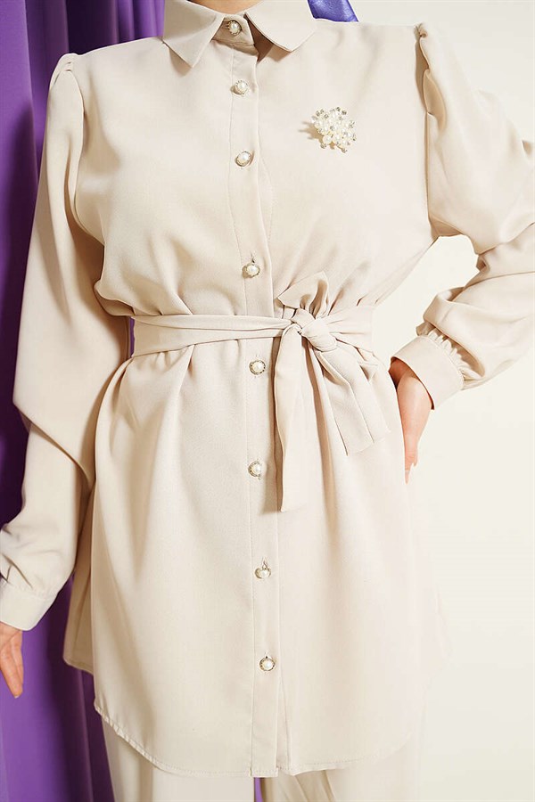 2 Piece Set with Pearl Button Detail and Belt, Beige