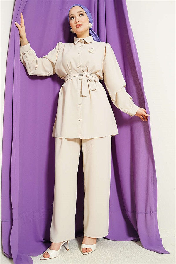 2 Piece Set with Pearl Button Detail and Belt, Beige