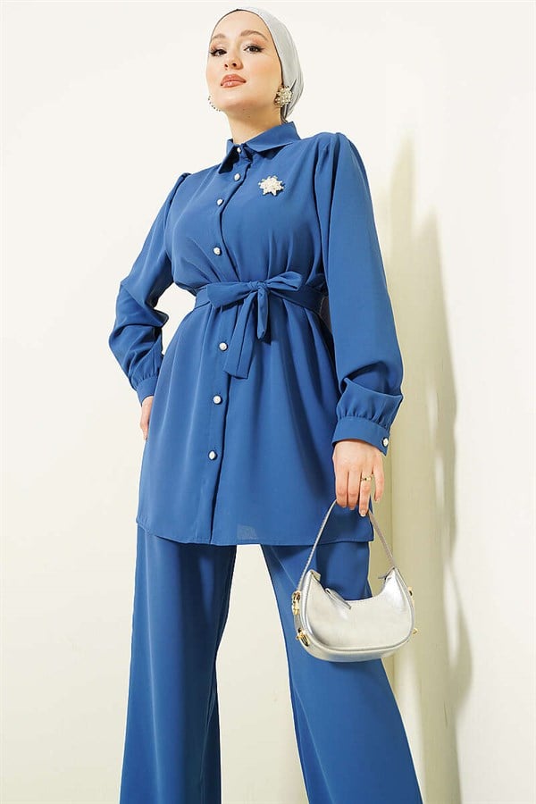 Pearl Button Detail Belted 2 Piece Set Indigo