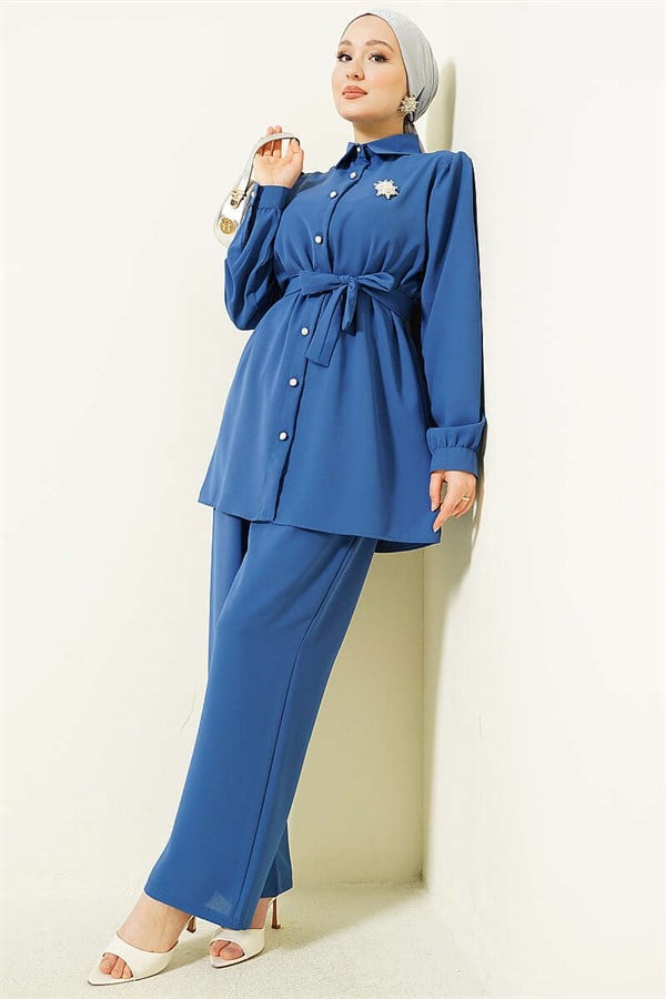 Pearl Button Detail Belted 2 Piece Set Indigo