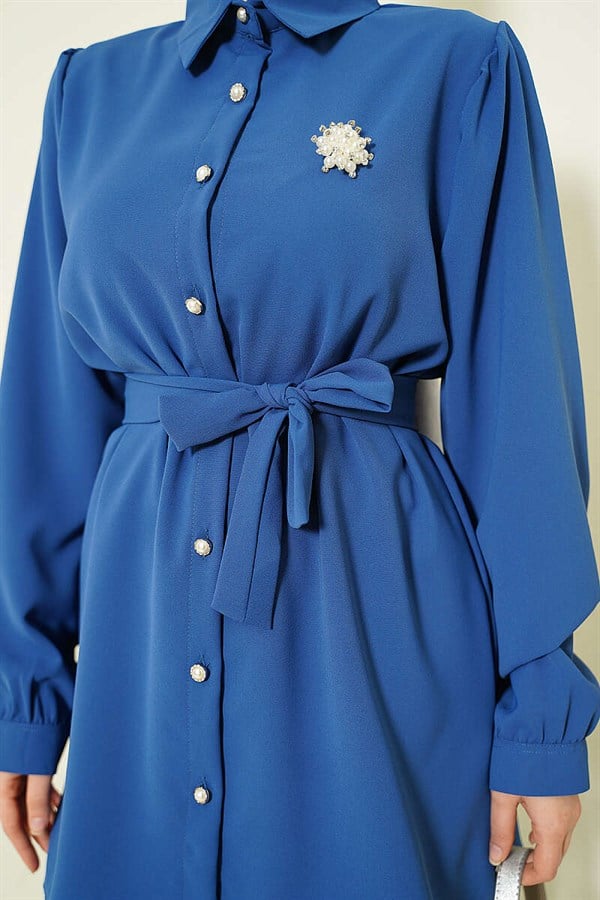 Pearl Button Detail Belted 2 Piece Set Indigo
