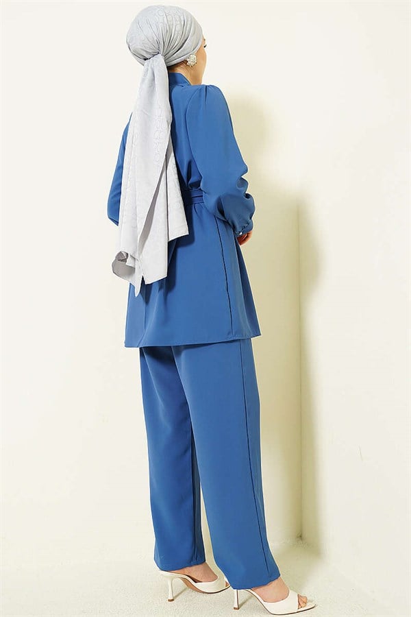 Pearl Button Detail Belted 2 Piece Set Indigo