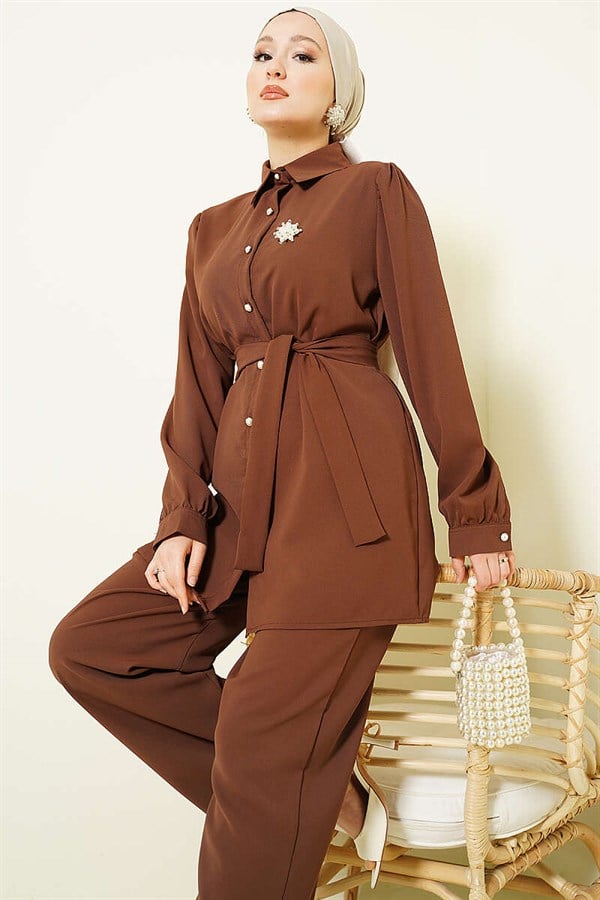 2 Piece Set with Pearl Button Detail and Belt, Coffee