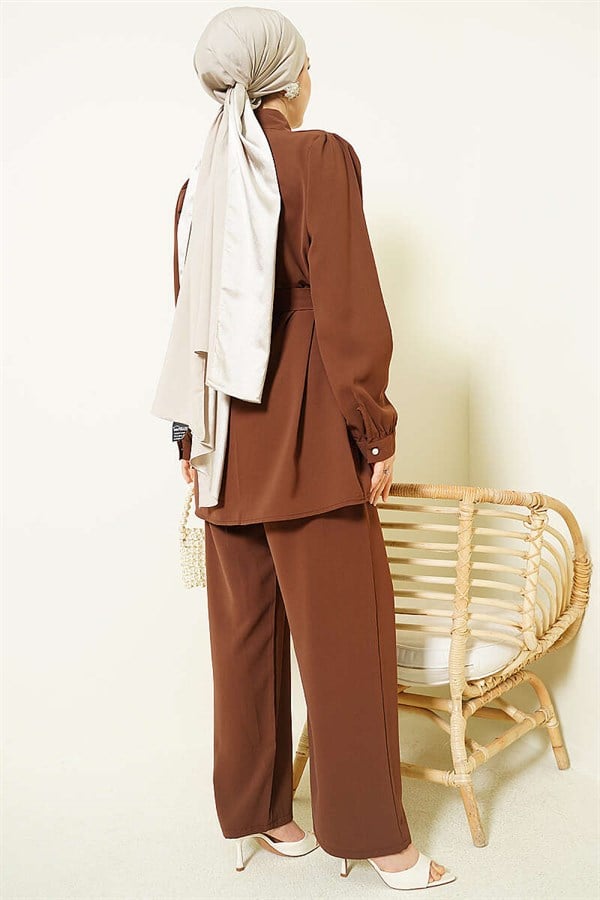 2 Piece Set with Pearl Button Detail and Belt, Coffee