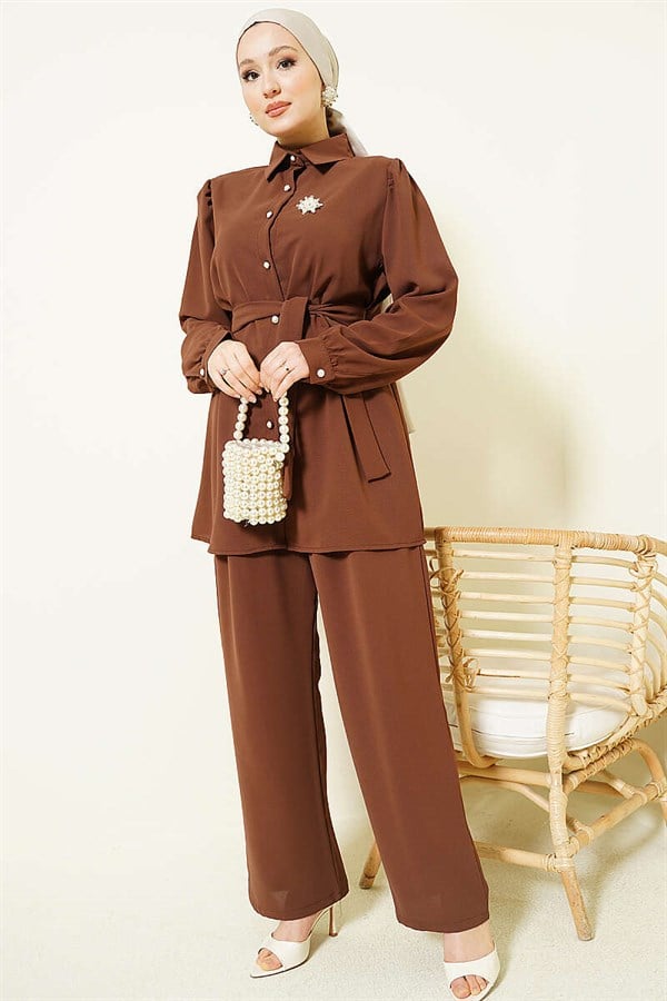 2 Piece Set with Pearl Button Detail and Belt, Coffee