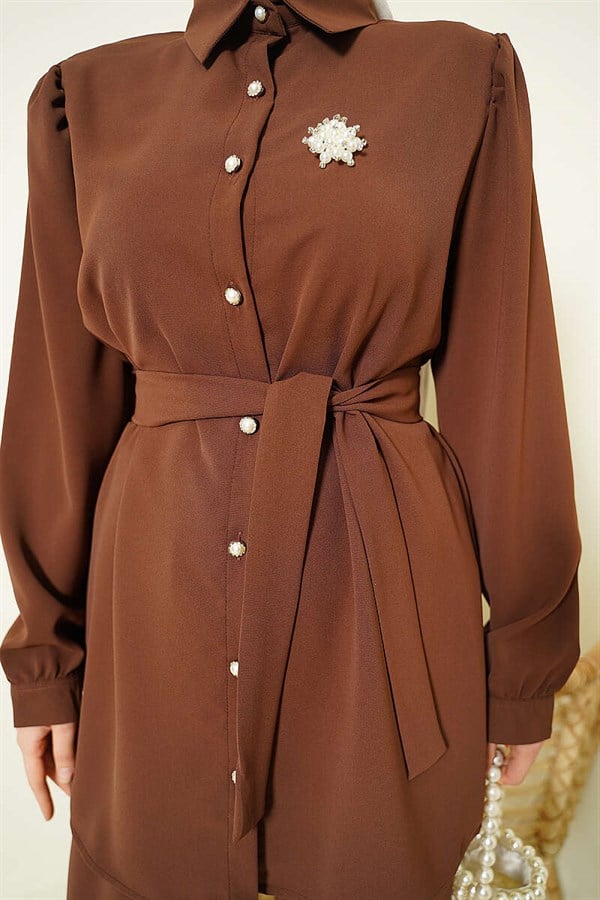 2 Piece Set with Pearl Button Detail and Belt, Coffee