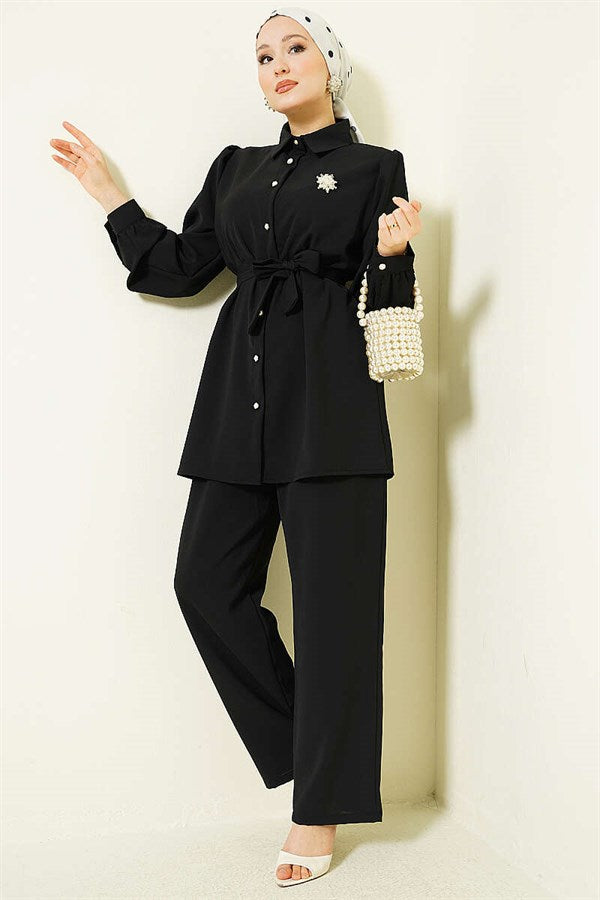 Pearl Button Detail Belted 2 Piece Set, Black