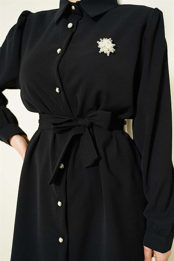 Pearl Button Detail Belted 2 Piece Set, Black