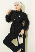 Pearl Button Detail Belted 2 Piece Set, Black