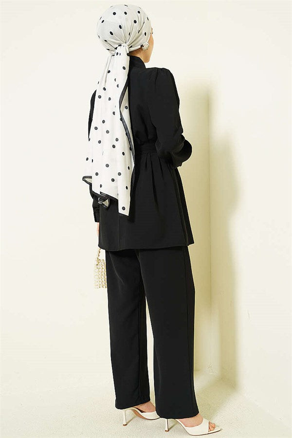 Pearl Button Detail Belted 2 Piece Set, Black