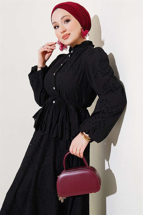 Pearl Button Embroidered Skirt 2 Piece Set, Black