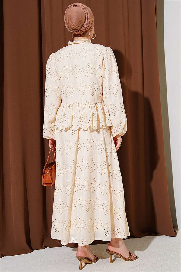 Pearl Button Embroidered Skirt 2 Piece Set in Beige