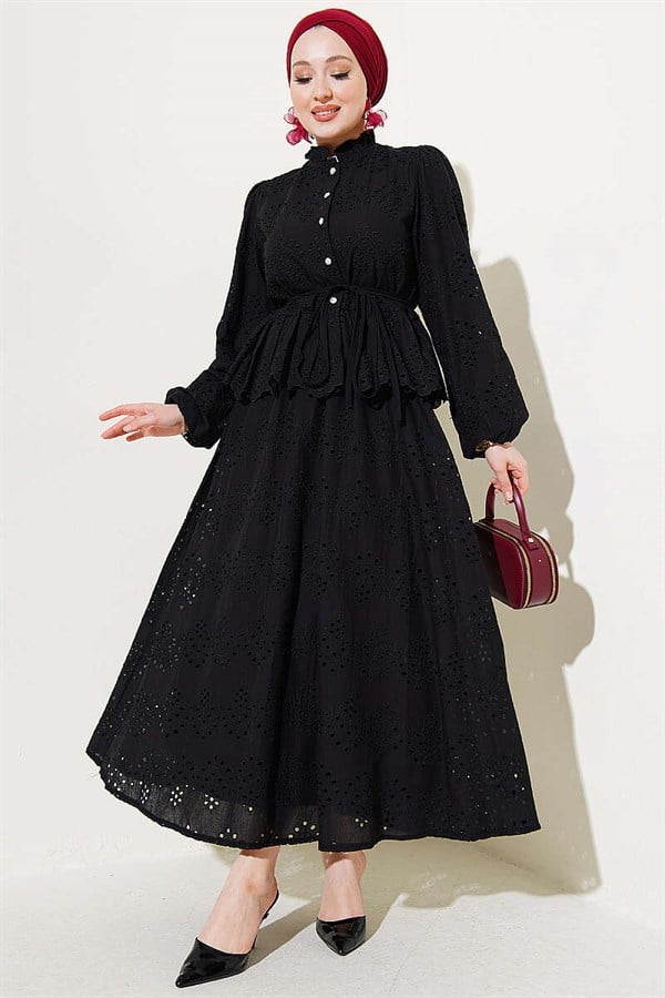Pearl Button Embroidered Skirt 2 Piece Set, Black