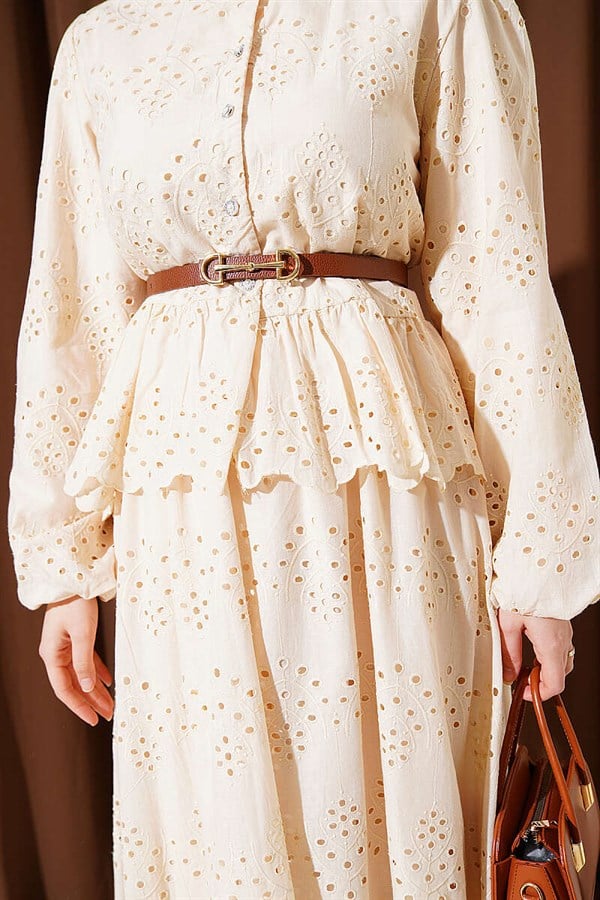 Pearl Button Embroidered Skirt 2 Piece Set in Beige