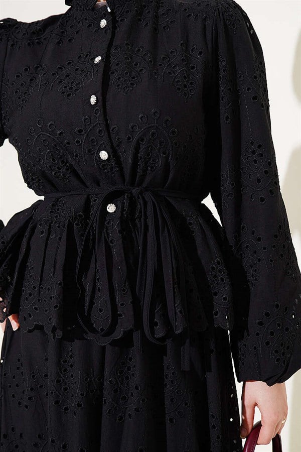 Pearl Button Embroidered Skirt 2 Piece Set, Black