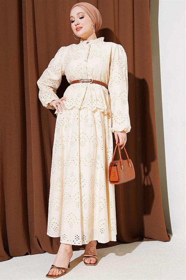 Pearl Button Embroidered Skirt 2 Piece Set in Beige