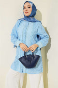 Pearl Buttoned Lace Embroidered Shirt Baby Blue