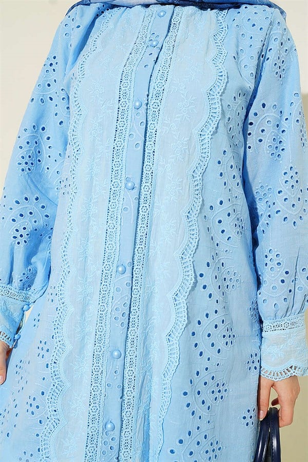 Pearl Buttoned Lace Embroidered Shirt Baby Blue