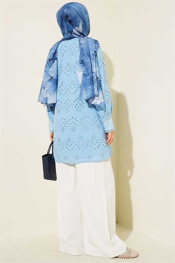 Pearl Buttoned Lace Embroidered Shirt Baby Blue