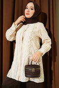 Pearl Buttoned Lace Embroidered Shirt Beige
