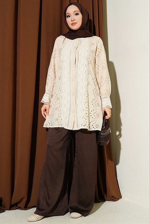 Pearl Buttoned Lace Embroidered Shirt Beige