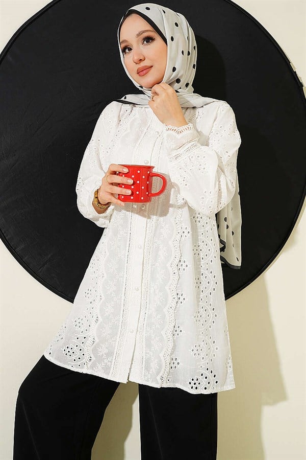 Pearl Buttoned Lace Embroidered Shirt, Ecru