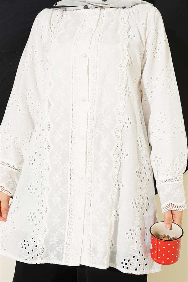 Pearl Buttoned Lace Embroidered Shirt, Ecru