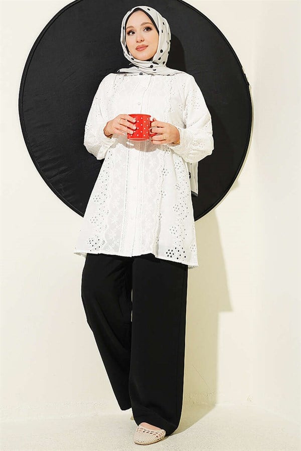 Pearl Buttoned Lace Embroidered Shirt, Ecru