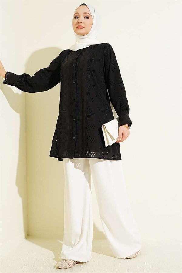Pearl Buttoned Lace Embroidered Shirt Black