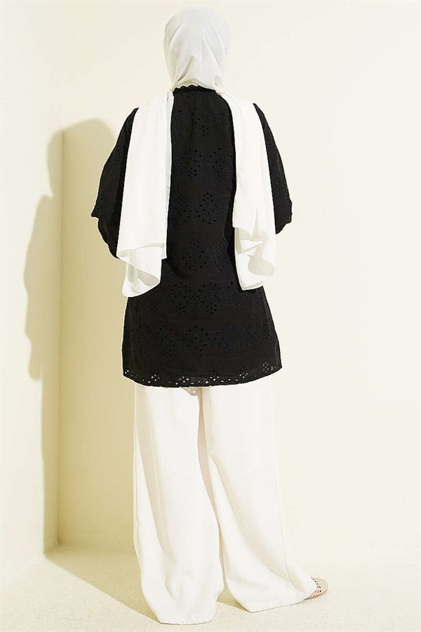 Pearl Buttoned Lace Embroidered Shirt Black