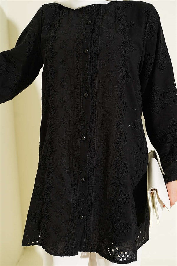 Pearl Buttoned Lace Embroidered Shirt Black