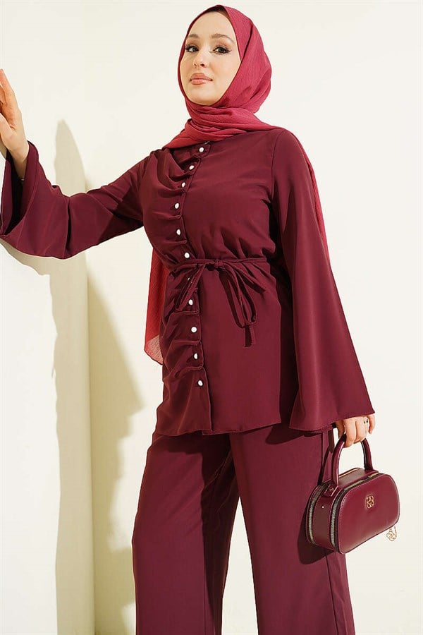 Pearl Button Detail 2 Piece Set in Burgundy