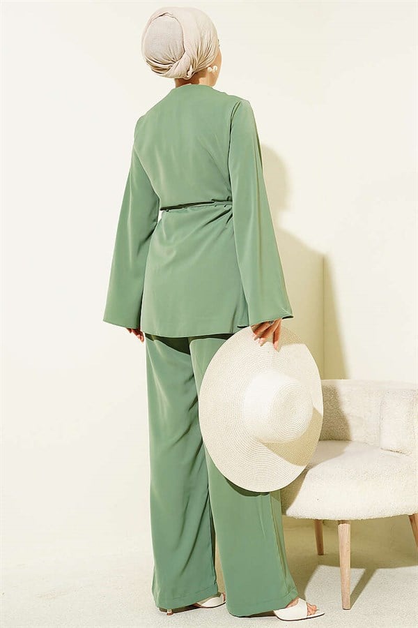 Pearl Buttoned 2 Piece Set with Darts Detail, Khaki