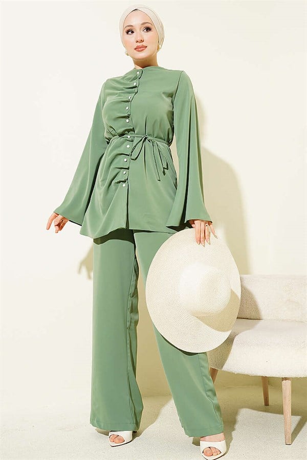 Pearl Buttoned 2 Piece Set with Darts Detail, Khaki