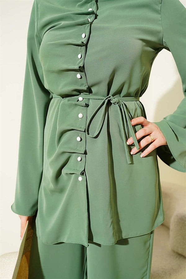 Pearl Buttoned 2 Piece Set with Darts Detail, Khaki