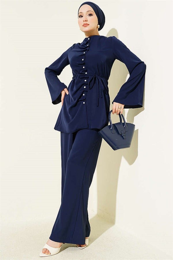 2 Piece Set with Pearl Button and Darts Detail, Navy Blue