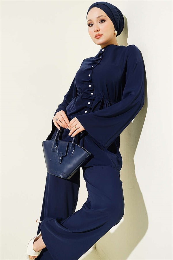 2 Piece Set with Pearl Button and Darts Detail, Navy Blue