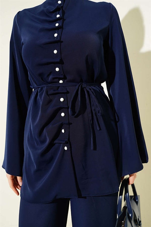 2 Piece Set with Pearl Button and Darts Detail, Navy Blue