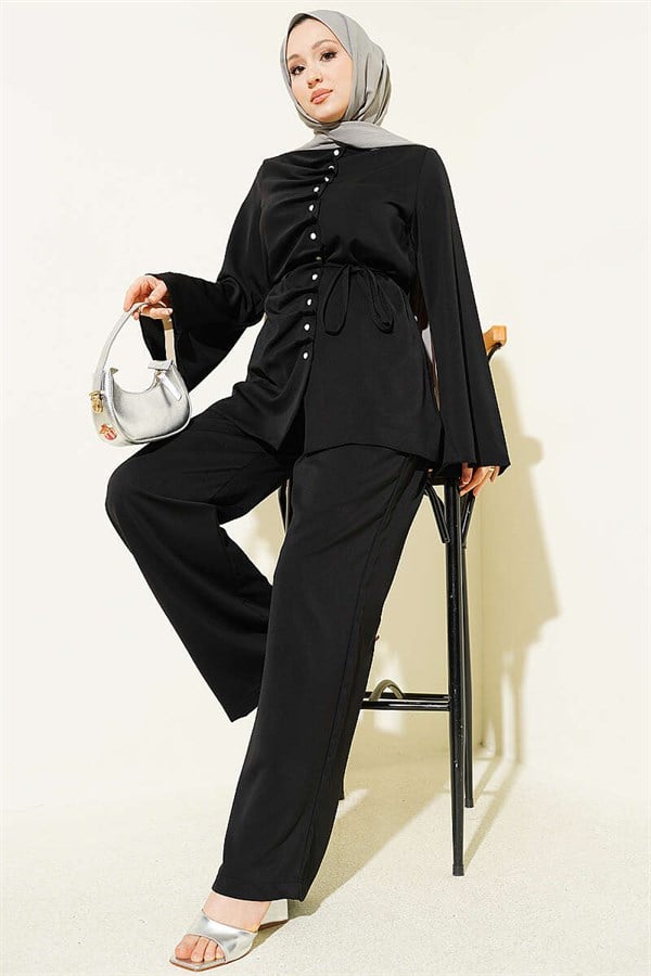 Pearl Button Detail 2 Piece Set, Black
