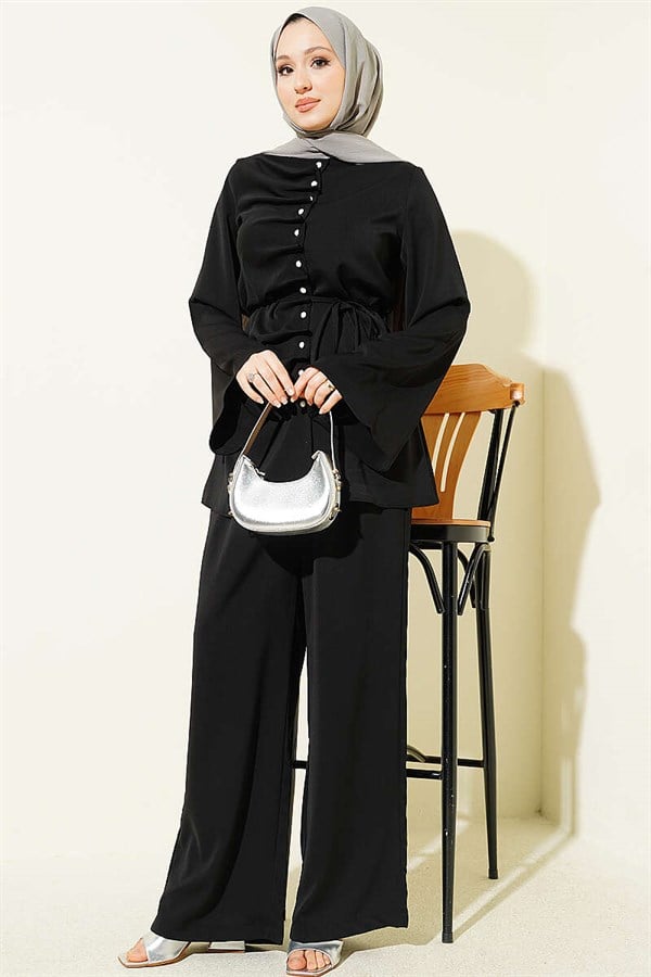 Pearl Button Detail 2 Piece Set, Black