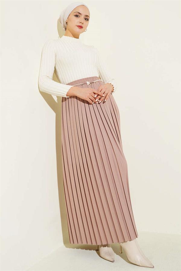 Pearl Belted Pleated Skirt Beige