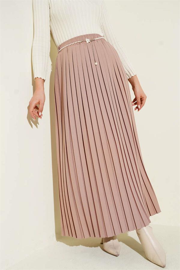 Pearl Belted Pleated Skirt Beige