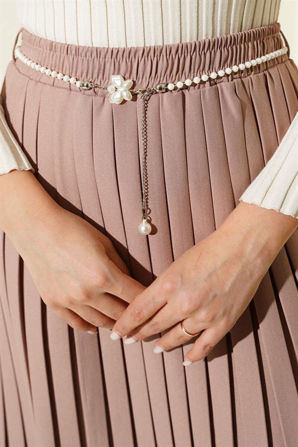 Pearl Belted Pleated Skirt Beige