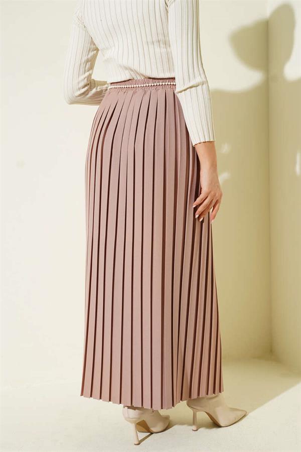 Pearl Belted Pleated Skirt Beige