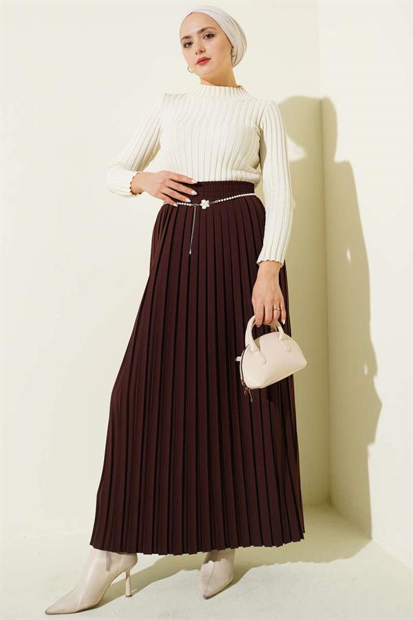 Pearl Belted Pleated Skirt Coffee