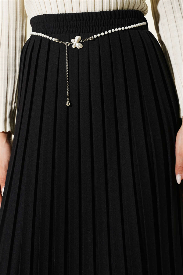 Pearl Belted Pleated Skirt Black