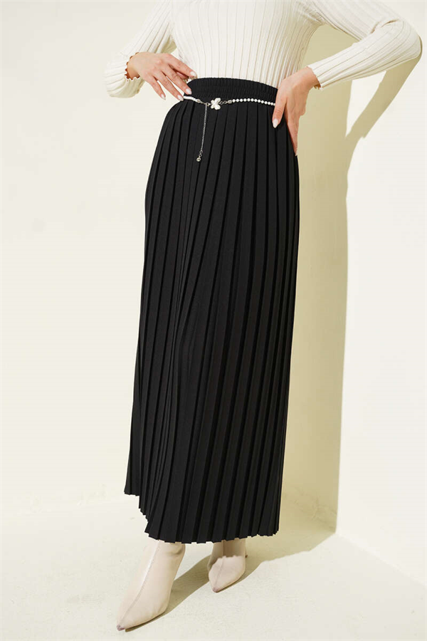 Pearl Belted Pleated Skirt Black