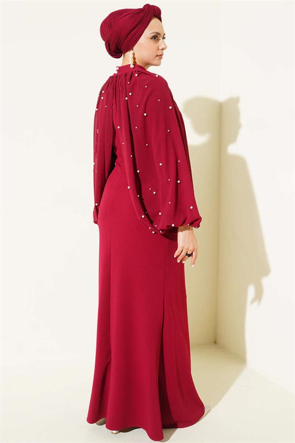 Burgundy Evening Dress with Pearl Cape
