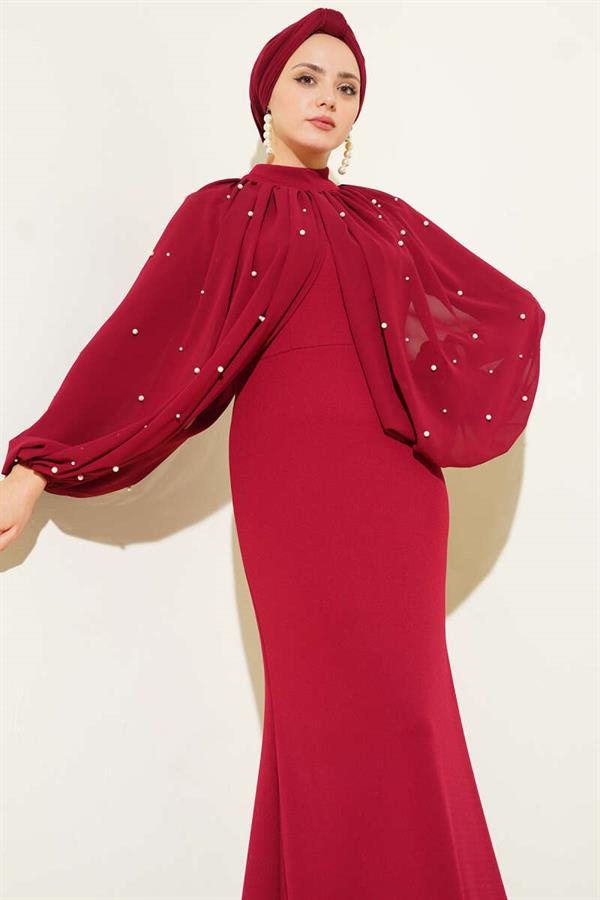 Burgundy Evening Dress with Pearl Cape