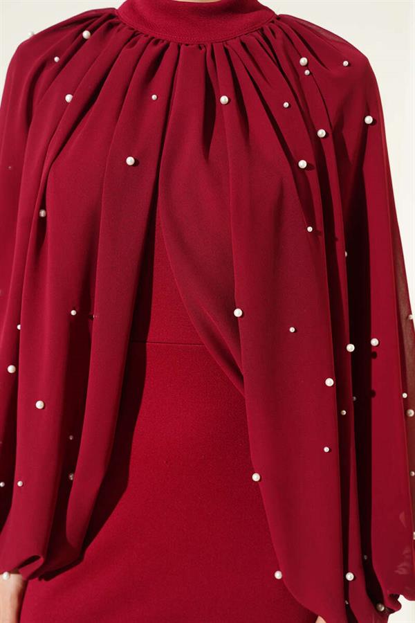 Burgundy Evening Dress with Pearl Cape